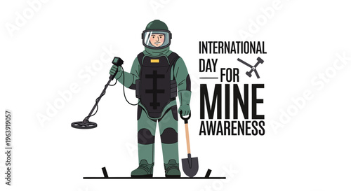 Illustration of a person in a mine detection suit holding a metal detector and shovel for International Day for Mine Awareness with a humanitarian demining concept.