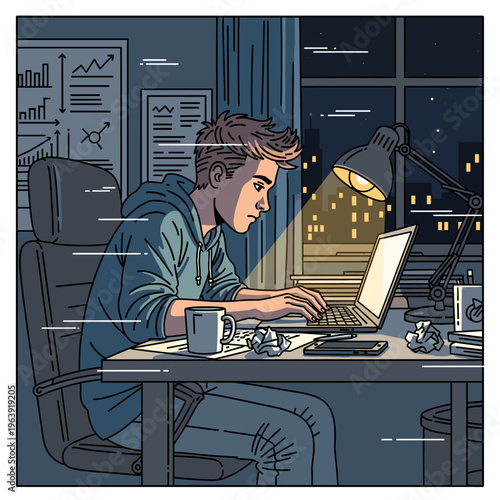 Young man working late at night on his laptop in a dimly lit room, illuminated by a desk lamp, with city lights visible through the window.