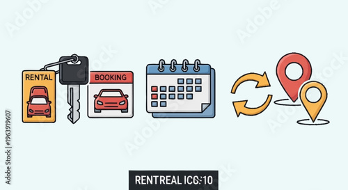 Car Rental Icons - Key, Booking, Calendar, Location Swap.