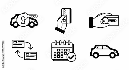 Car Rental Icons - Key, Payment, Schedule, and Vehicle.