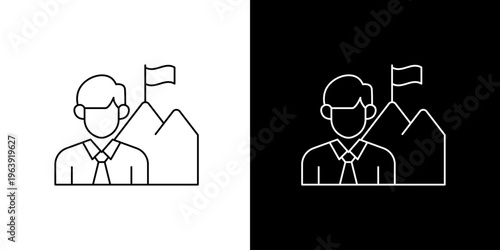 Single icon of success and achievement concept with businessman reaching mountain peak and flag, representing goals and ambition