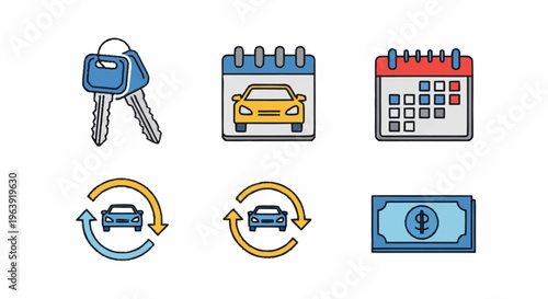 Car Rental Icons - Keys, Calendar, Exchange, and Payment Symbols.