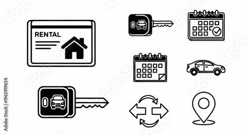 Car Rental Icons - Keys, Calendar, Location, and Agreement.