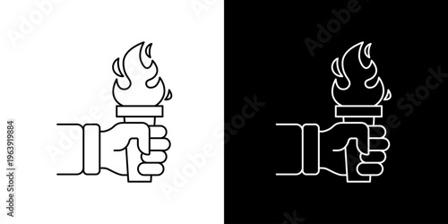 Single icon of symbol of freedom and enlightenment, a hand holding a torch with a flame in a line art illustration on black and white backgrounds