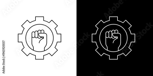 Single icon of industrial revolution concept with a gear and a fist symbolizing power and progress