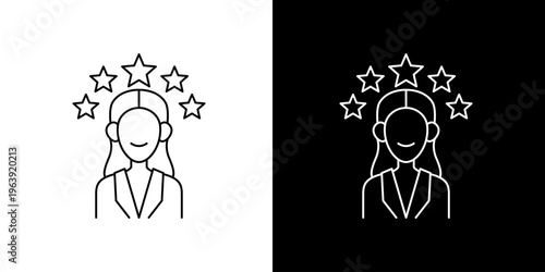 Outline vector icon of a woman with five stars, symbolizing top customer satisfaction, employee recognition, excellent service, best performance, and high quality