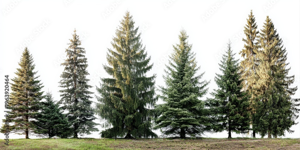 Fototapeta premium Pine tree row isolated on white background; Evergreen coniferous forest trees, natural elements for digital design