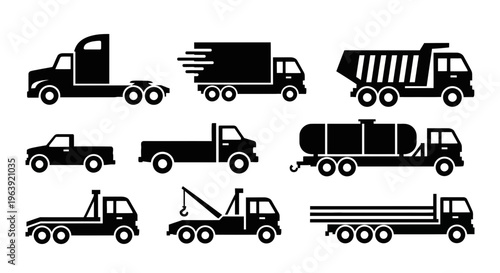 Set of Various Industrial Truck and Commercial Vehicle Icons