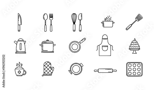 Minimal cooking line icon set kitchen utensils cutlery cookware baking tools outline vector illustration isolated