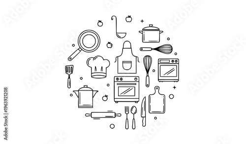 Kitchen cooking outline icon collection with cookware utensils chef hat apron baking tools vector line icons isolated