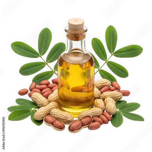 Peanut oil bottle with peanuts and leaves isolated on transparent background