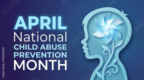 April national child abuse prevention month banner with paper cut silhouette of boy and blue pinwheel flower on dark background for social awareness campaign and community support.