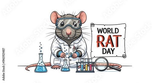 A cartoon rat in a lab coat and goggles conducts an experiment on World Rat Day with various laboratory equipment.