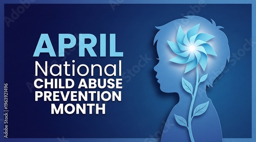 Awareness month for national child abuse prevention observed in april with blue pinwheel icon and paper cut boy profile for non profit organizations and social media campaigns today.