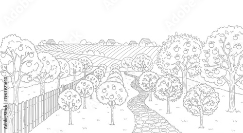 Coloring Page Featuring a Peaceful Apple Orchard with Stone Path