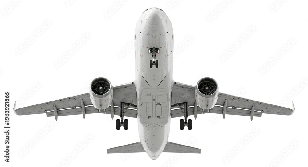 Fototapeta premium Airplane flying overhead, bottom view, isolated on white background, travel concept
