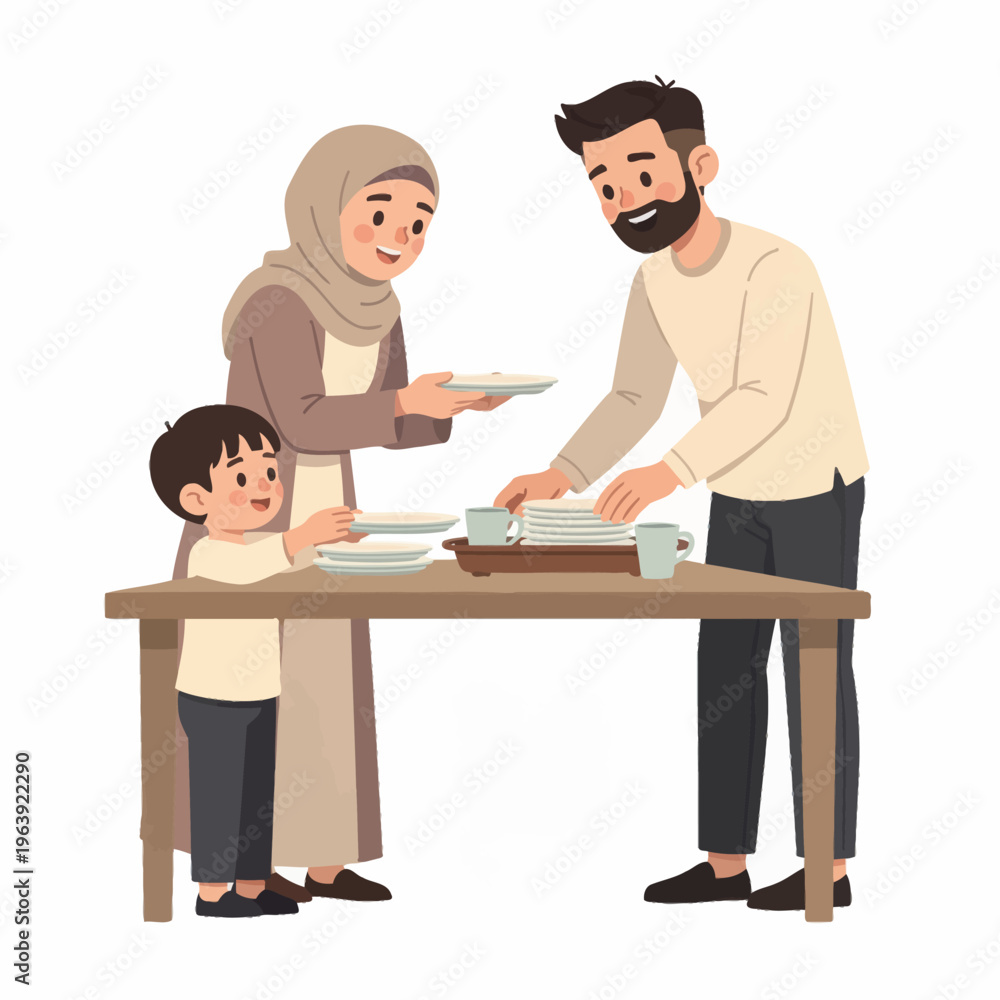 Fototapeta premium A Muslim family setting the table for a meal together