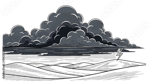 Engraved Illustration of Stormy Clouds and Lightning Over Rolling Hills