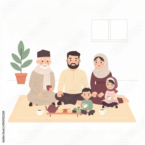 Muslim family enjoying tea together at home, gathering happily