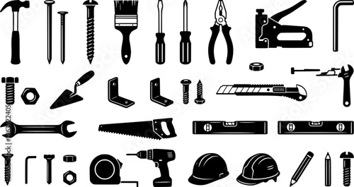 Working tools collection. Repair and construction supplies set. Sketch vintage vector illustration
