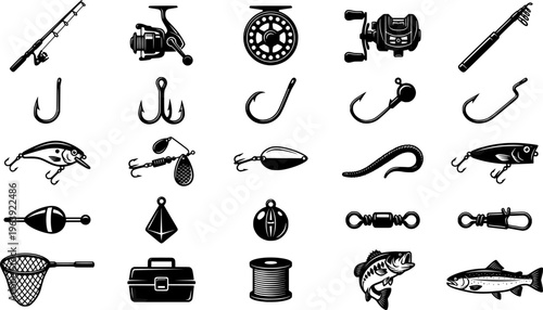 Equipment for fishing set. Fishing rod, floats and other devices for sport fishing. Sketch vector illustration
