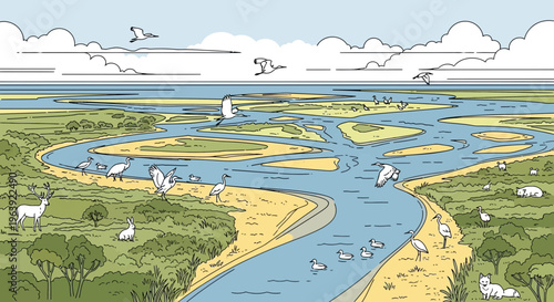 Illustrated River Delta Landscape with Wildlife and Birds