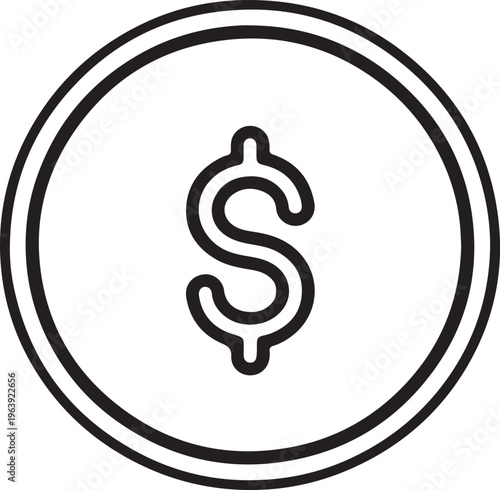 Clean line art icon of a single coin featuring a dollar sign, symbolizing money, currency, or financial value.