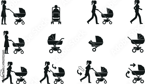 Stroller and Mother Icons Baby Carriage and Parenting Activities illustration
