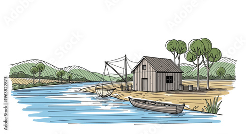 Scenic Riverside Fishing Hut and Boat Hand-Drawn Illustration
