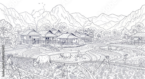 Rural Asian Village Landscape with Rice Fields and Farmers Coloring Page