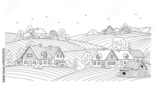 Hand Drawn Rural Village Landscape with Farmhouses and Fields