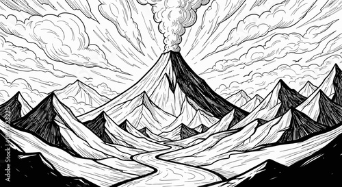 Volcanic Eruption Mountain Landscape Line Art Illustration