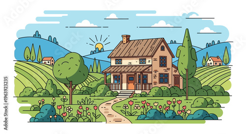 Charming Country House with Garden and Rolling Hills Illustration