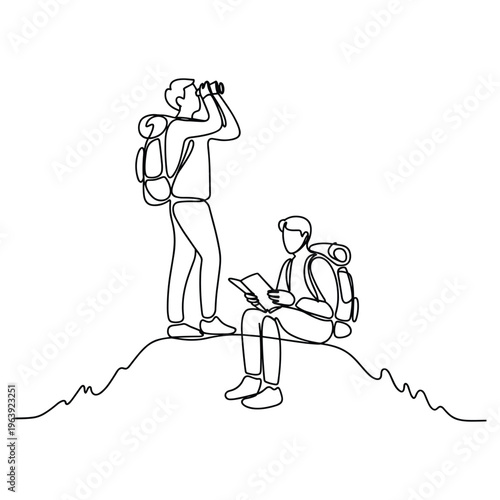 Two suited men walking on bumpy terrain carrying briefcases