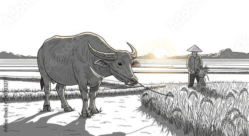Asian Farmer with Water Buffalo in Rice Field at Sunset
