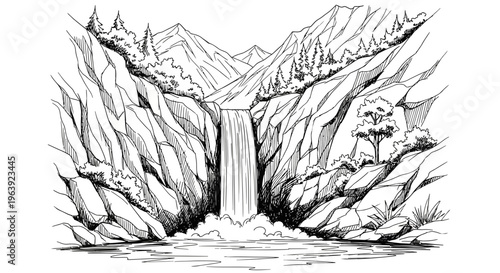 Hand Drawn Waterfall in Mountain Landscape Sketch