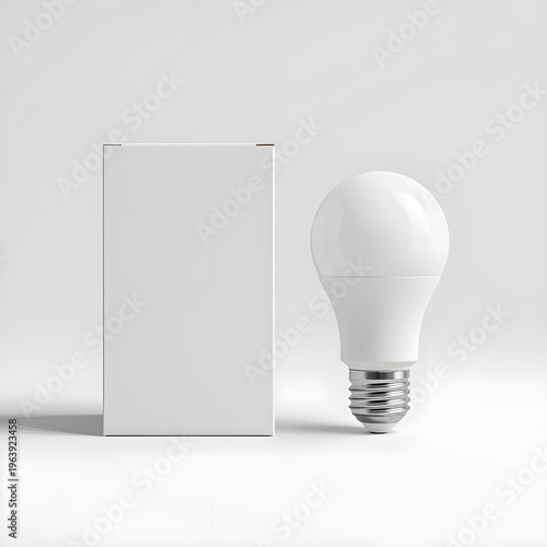 Blank White Retail Packaging Box With LED Light Bulb Isolated On Clean Background For Modern Product Branding Concept
