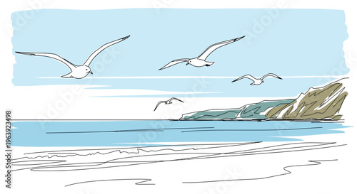 Seagulls Flying Over Coastal Beach Landscape Sketch