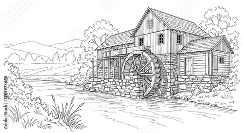 Vintage Water Mill by a River Sketch