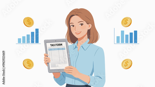 Woman holding tax form on tablet