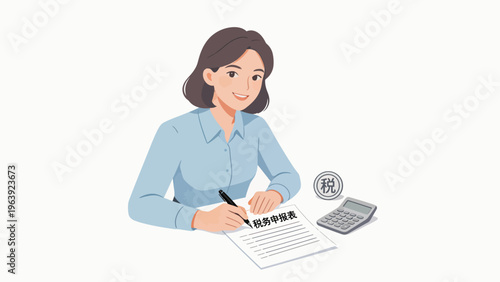 Woman filling tax form with calculator