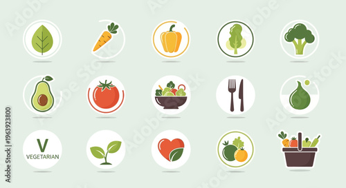 Set of Flat Design Vegetarian and Healthy Food Icons