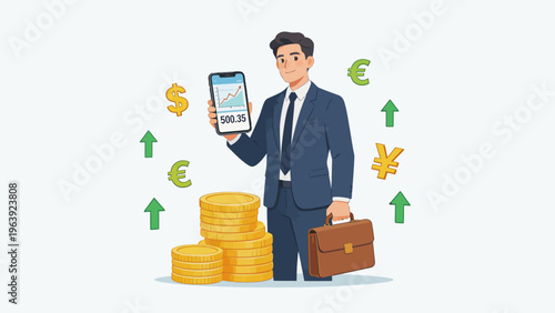 Businessman with phone coins and briefcase