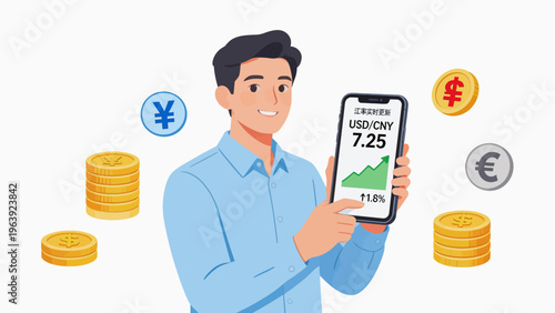 Man holding phone with currency exchange rate