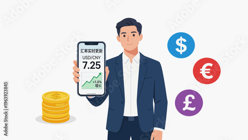 Man holding phone with currency exchange