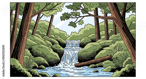 Comic Style Illustration of a Serene Forest Waterfall