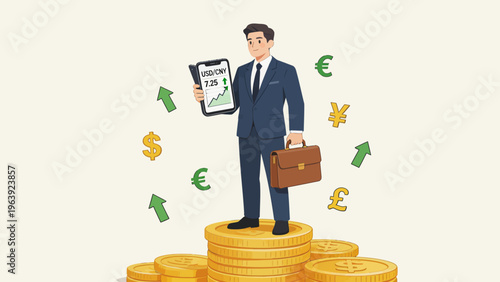 Businessman with coins and currency symbols
