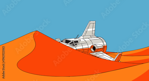 a stranded futuristic spacecraft partially buried in vast orange desert sand dunes evoking a sense of sci-fi exploration and isolation.