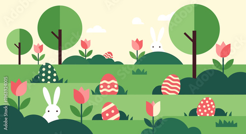 easter egg hunt flat design spring illustration of cute easter bunnies and colorful eggs celebrating the holiday.