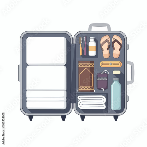 Travel suitcase with folded towels, toiletries, and prayer mat